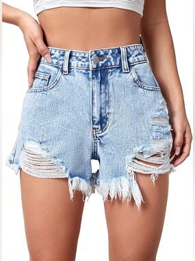 Oneill High-Waist Distressed Denim Shorts - Light Blue
